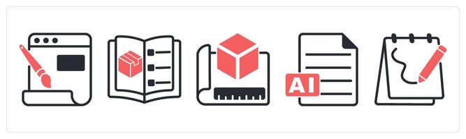 5 design icons as web layout, catalog, 3d prototype in red color vector