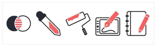 5 design icons as color intersection, color picker, paint roller in red color vector
