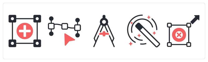5 design icons as editable object, path point, precision in red color vector