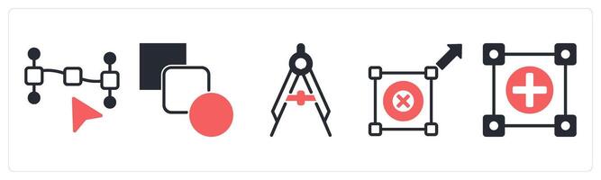 5 design icons as 3d prototype, prototype, branding in red color vector