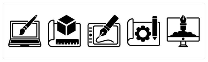 5 design icons as web design, 3d prototype, digital art in black color vector