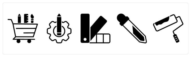 5 design icons as stationery shopping, design setting, pantone in black color vector
