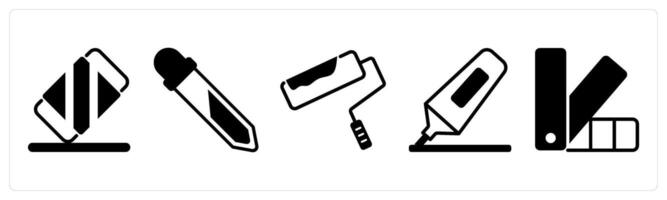 5 design icons as eraser tool, color picker, paint roller in black color vector