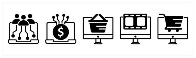 5 untact era icons as digital inclusivity, digital transaction, digital shopping in black color vector