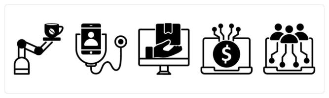 5 untact era icons as coffee robot, digital checkup, digital delivery in black color vector