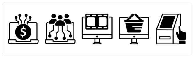 5 untact era icons as digital transaction, digital inclusivity, digital entertainment in black color vector