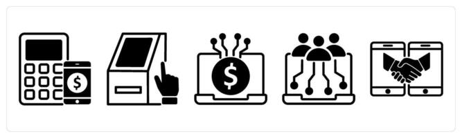 5 untact era icons as online payment, atm service, digital transaction in black color vector