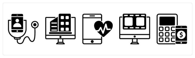 5 untact era icons as digital checkup, virtual office, online health report in black color vector