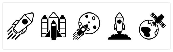 5 space icons as robot, space shuttle, space mission in black color vector
