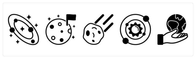 5 space icons as galaxy, moon, comet in black color vector
