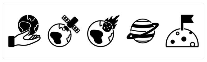 5 space icons as earth, earth satellite, earth meteor in black color vector