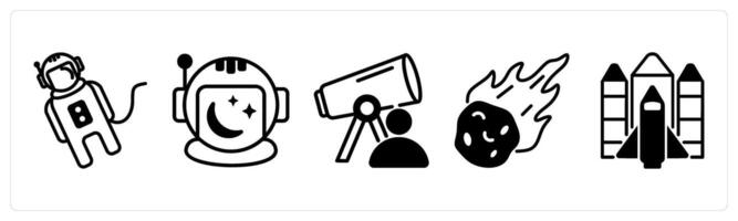 5 space icons as space suit, space helmet, astronomer in black color vector