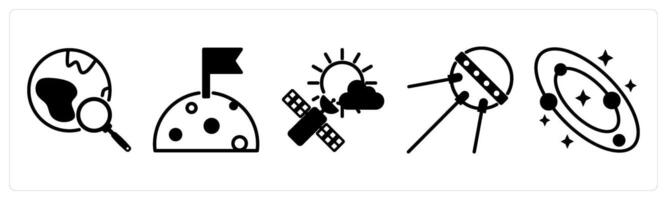 5 space icons as find planet, moon, weather satellite in black color vector