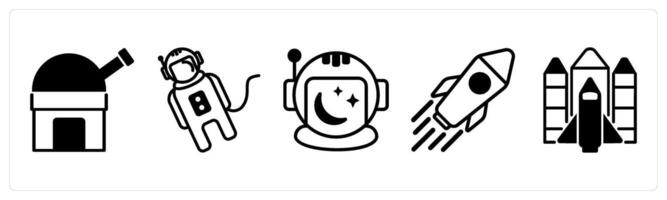5 space icons as observatory, space suit, space helmet in black color vector