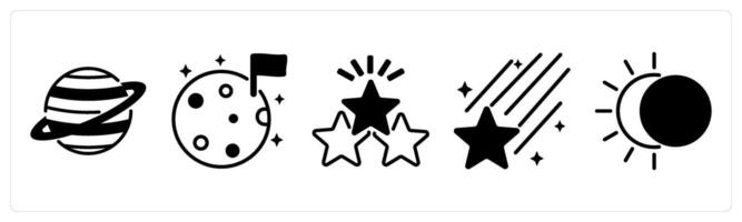 5 space icons as planet, moon, stars in black color vector