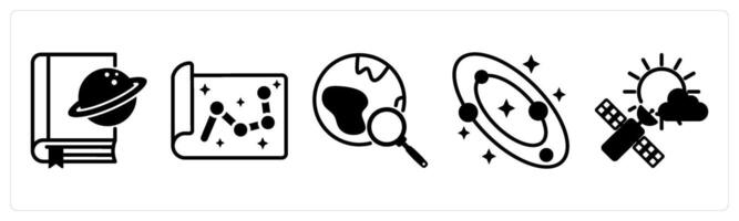 5 space icons as space book, map, find planet in black color vector