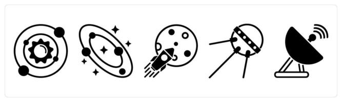 5 space icons as solar system, galaxy, space mission in black color vector