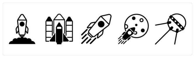 5 space icons as rocket launch, space shuttle, rocket in black color vector