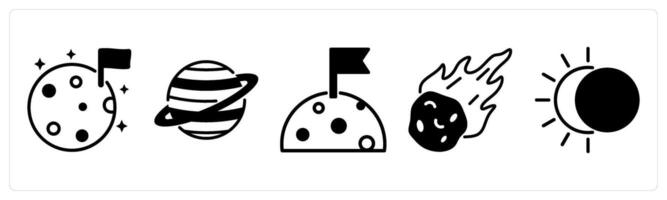 5 space icons as moon, planet, meteorite in black color vector