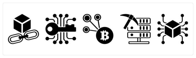 5 cyrptocurrency icons as blockchain link, encryption, key, bitcoin network in black color vector