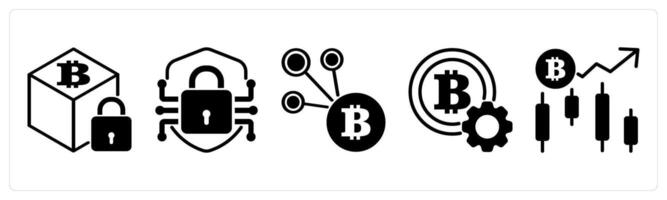 5 cyrptocurrency icons as blockchain security, encrypted shield, bitcoin network in black color vector