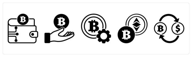 5 cyrptocurrency icons as crypto wallet, bitcoin, cryptocurrency setting in black color vector