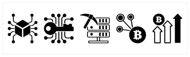 5 cyrptocurrency icons as blockchain, encryption key, data mining in black color vector