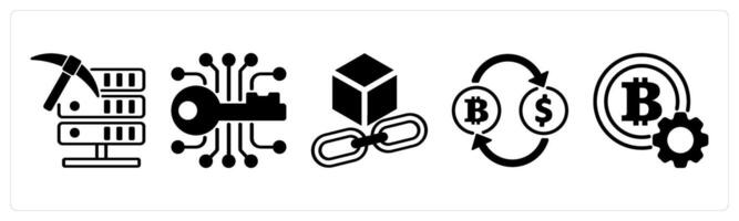 5 cyrptocurrency icons as data mining, encryption key, blockchain link in black color vector