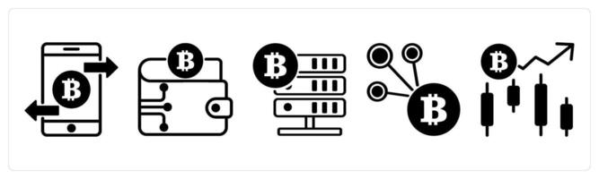 5 cyrptocurrency icons as transaction, crypto wallet, crypto data in black color vector