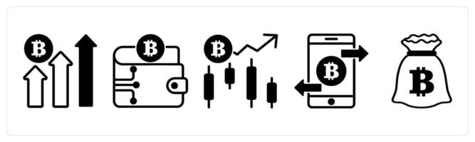 5 cyrptocurrency icons as cryptocurrency growth, crypto wallet, cryptocurrency trend in black color vector