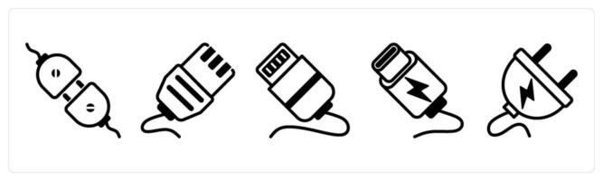 5 device icons as connector, ethernet, cable lightning in black color vector