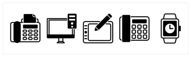 5 device icons as fax phone, pc, wacom in black color vector
