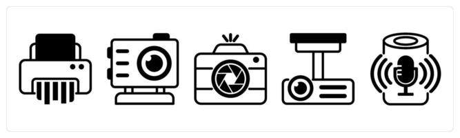 5 device icons as paper shader, gopro, camera, projector in black color vector