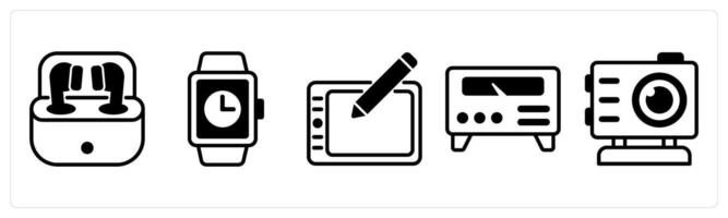 5 device icons as earbuds, smart watch, wacom in black color vector