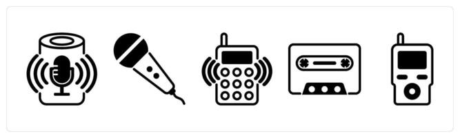5 device icons as smart speaker, microphone, radio phone in black color vector