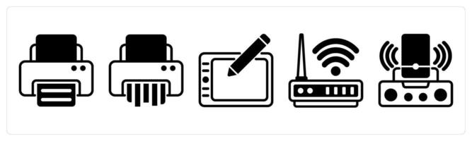 5 device icons as printer, paper shader, wacom in black color vector