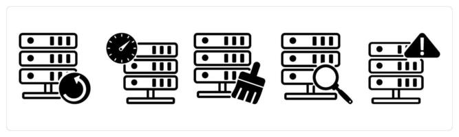 5 device icons as server backup, server performance, server cleansing in black color vector
