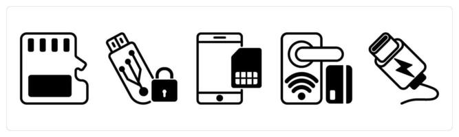 5 device icons as memory chip, locked memory, mobile card, in black color vector