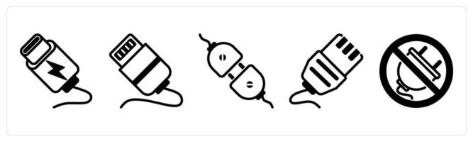 5 device icons as c cable, cable lightning, connector in black color vector