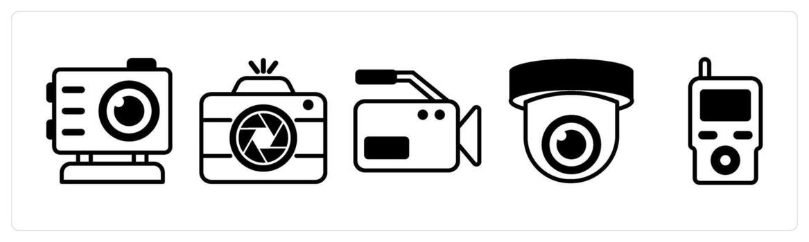 5 device icons as gopro, camera, camera in black color vector