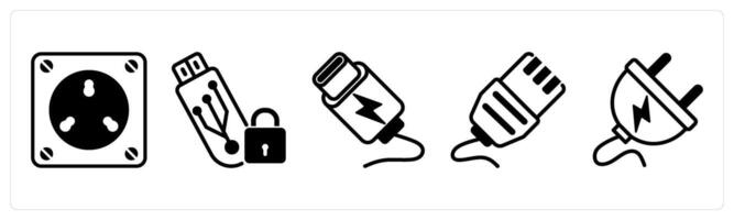 5 device icons as electric socket, locked memory, c cable in black color vector
