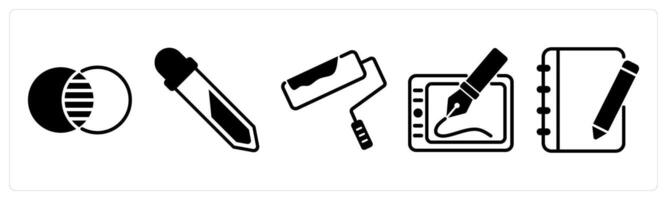 5 design icons as color intersection, color picker, paint roller in black color vector