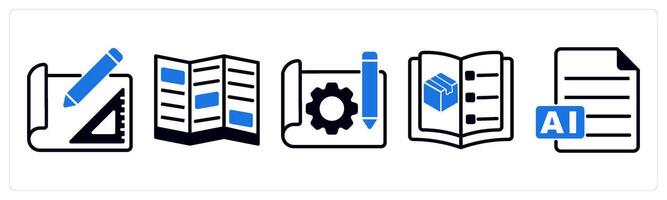 5 design icons as sketch, flyer, prototype sketch in blue color vector