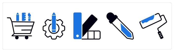 5 design icons as stationery shopping, design setting, pantone in blue color vector