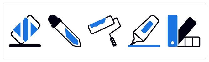 5 design icons as eraser tool, color picker, paint roller in blue color vector