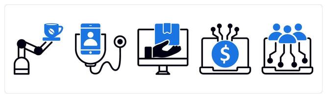 5 untact era icons as coffee robot, digital checkup, digital delivery in blue color vector