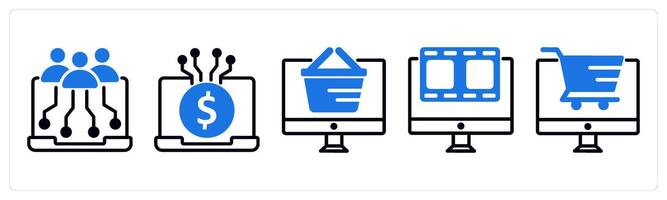 5 untact era icons as digital inclusivity, digital transaction, digital shopping in blue color vector