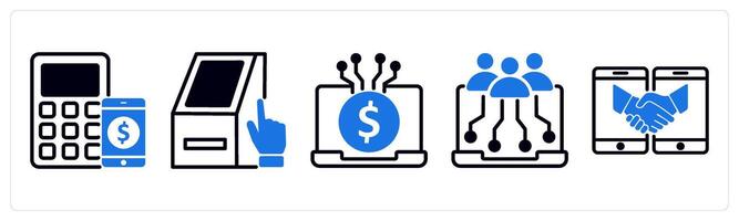 5 untact era icons as online payment, atm service, digital transaction in blue color vector