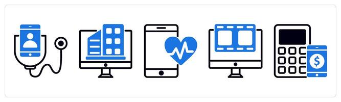 5 untact era icons as digital checkup, virtual office, online health report in blue color vector