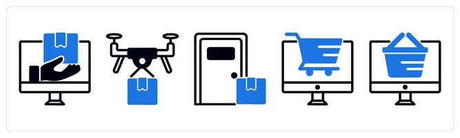 5 untact era icons as digital delivery, drone delivery, delivery door in blue color vector